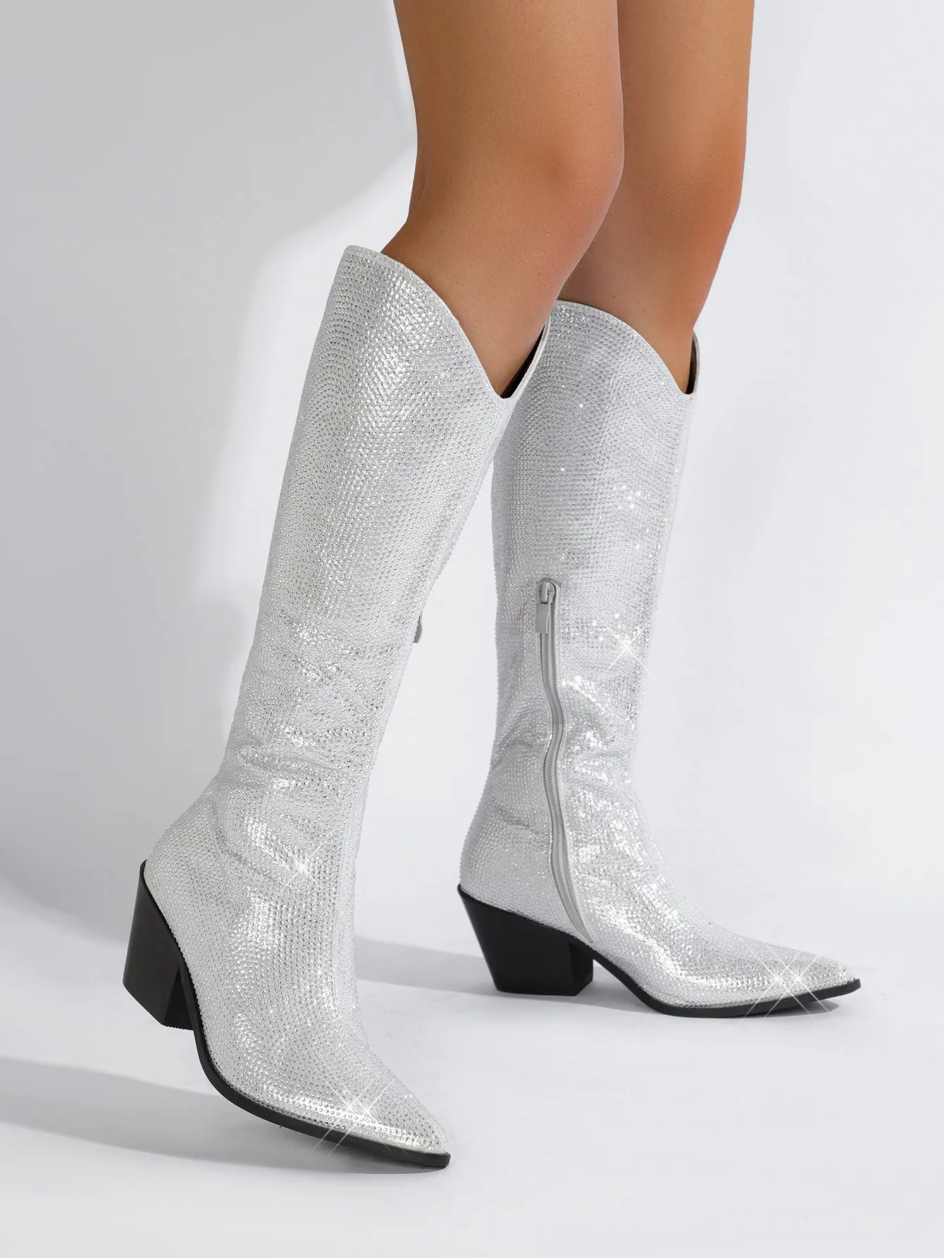Aanika Silver Shimmer Rhinestone Western Boots