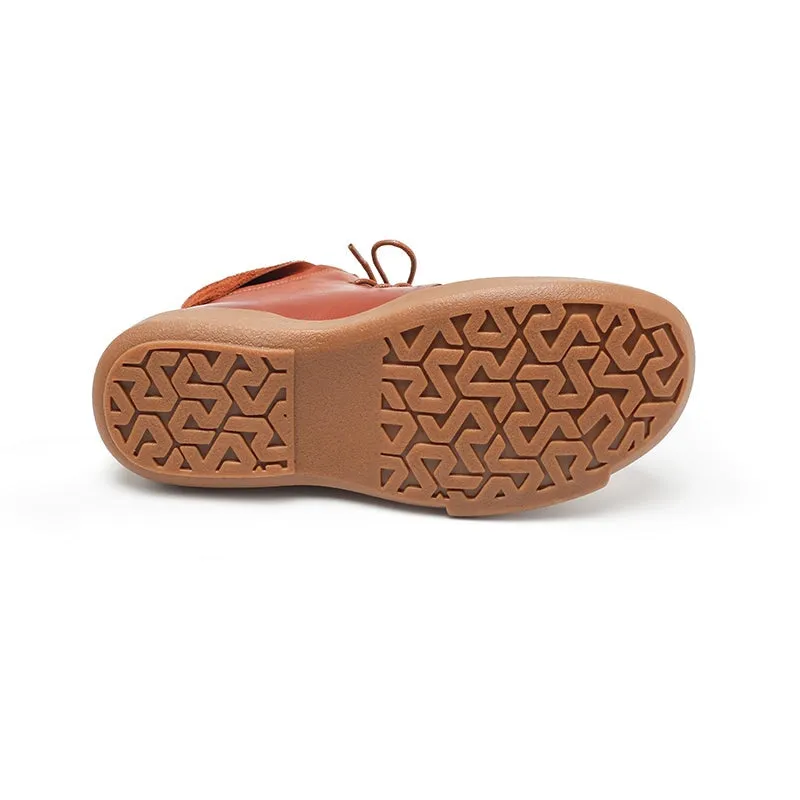 Cowhide Leather Lace-Up Lightweight Short Fold Over Collar Boots Caramel Red/Brown/Black