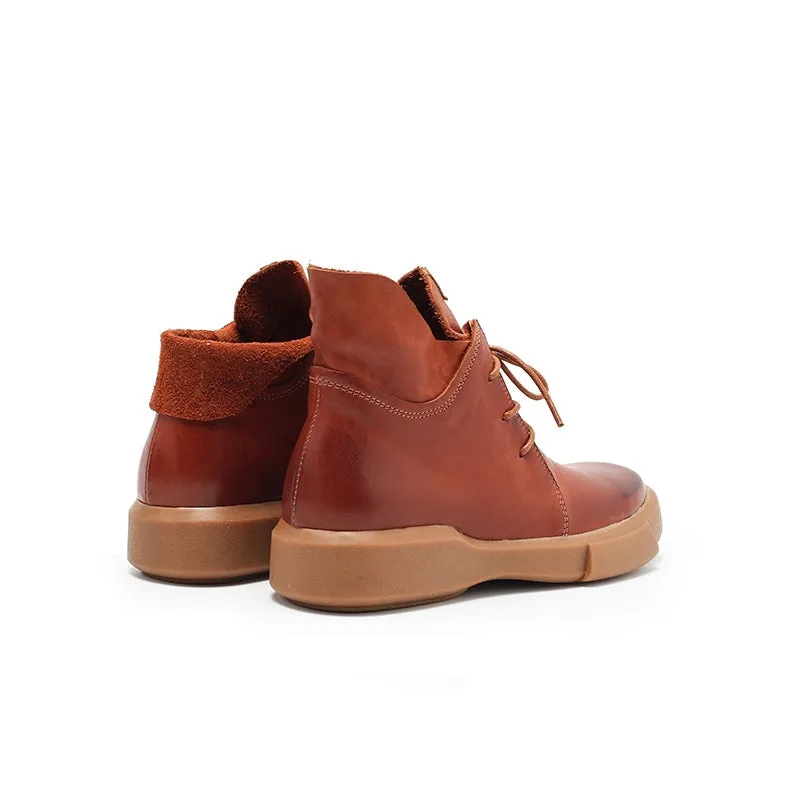 Cowhide Leather Lace-Up Lightweight Short Fold Over Collar Boots Caramel Red/Brown/Black