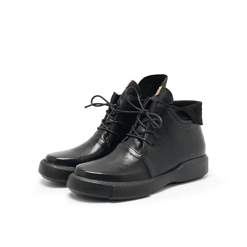 Cowhide Leather Lace-Up Lightweight Short Fold Over Collar Boots Caramel Red/Brown/Black