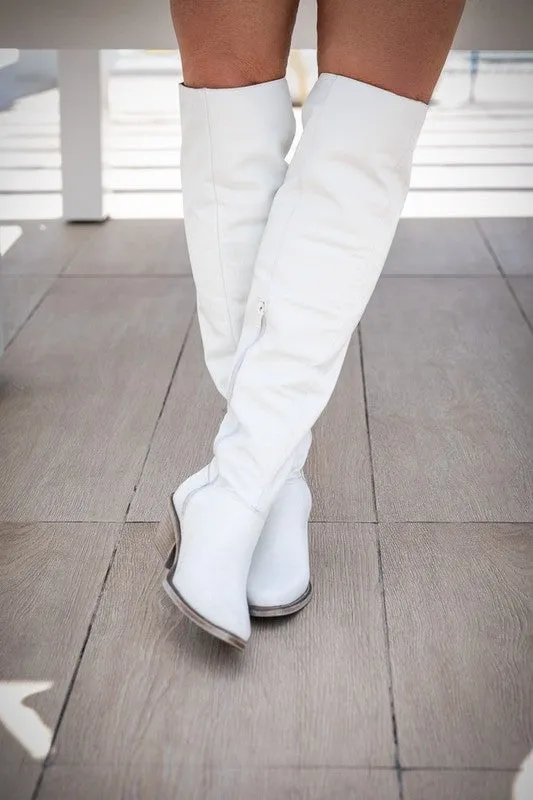 Short Heel Tall Leather Western White Boots