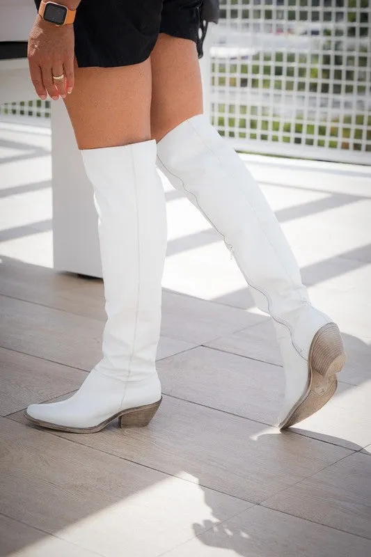 Short Heel Tall Leather Western White Boots